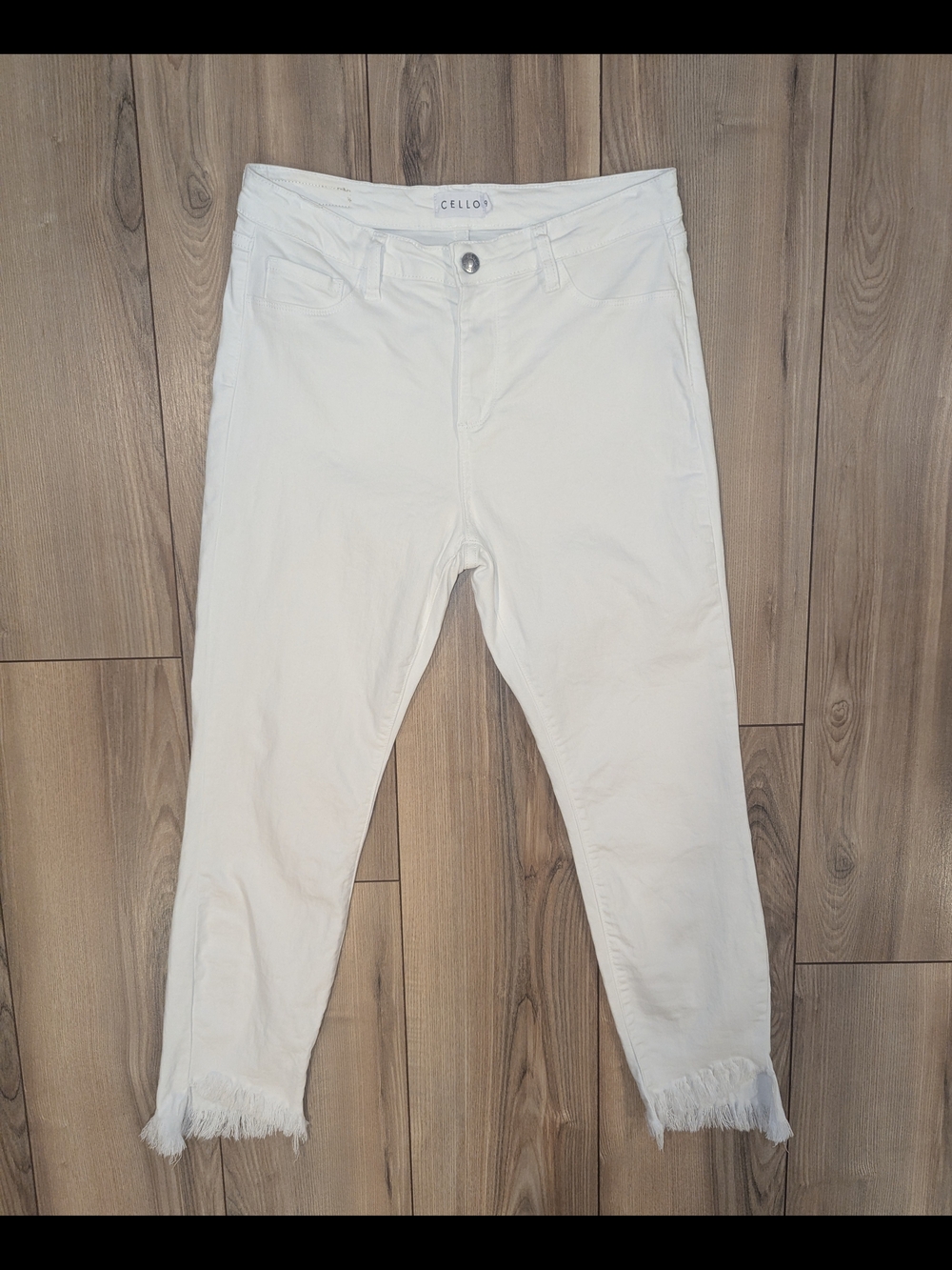Cello White High-Rise Jeans with Distressed Ankle & Branded Button